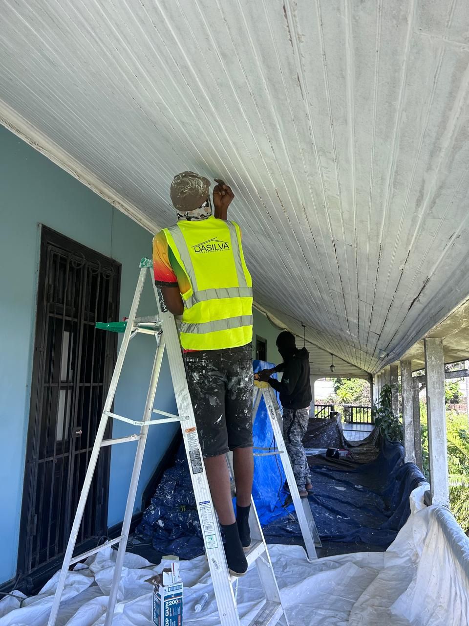 Tongue and groove veranda ceiling restoration in progress at Hampden Great House