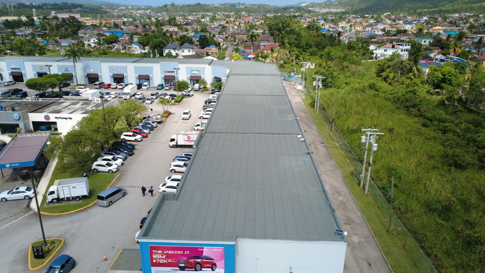 Membrane roof across a commercial plaza in Montego Bay